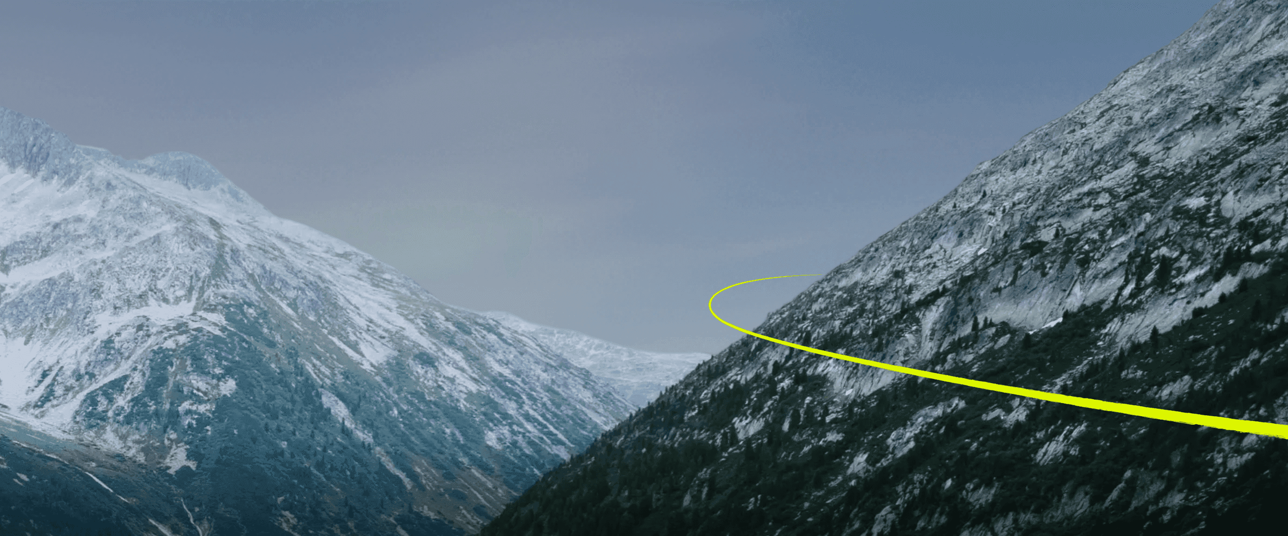 Snowy mountain valley with a bright yellow line tracing a path along the slope