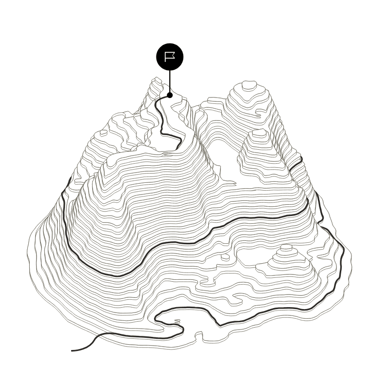 Contour map of a mountain with a path that reaches the summit flag